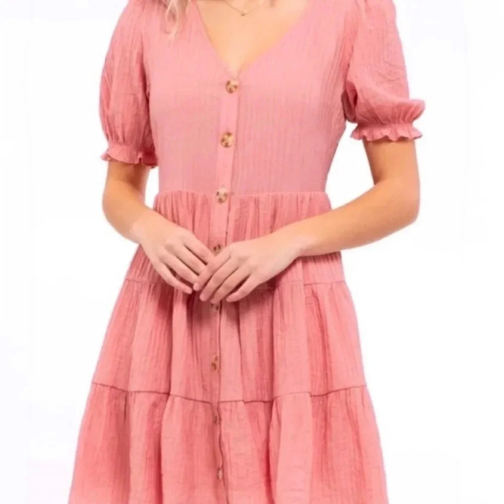 Mine Pink Rose Puff Sleeves Tiered Midi Casual Dress Women’s Small - Picture 1 of 12